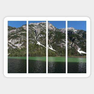 The fabulous alpine lake of Landro (Durrensee) in the Dolomites (Dobbiaco). Lovely place in the Italian Alps. Reflections in the water. Sunny spring day. Trentino Alto Adige Sticker